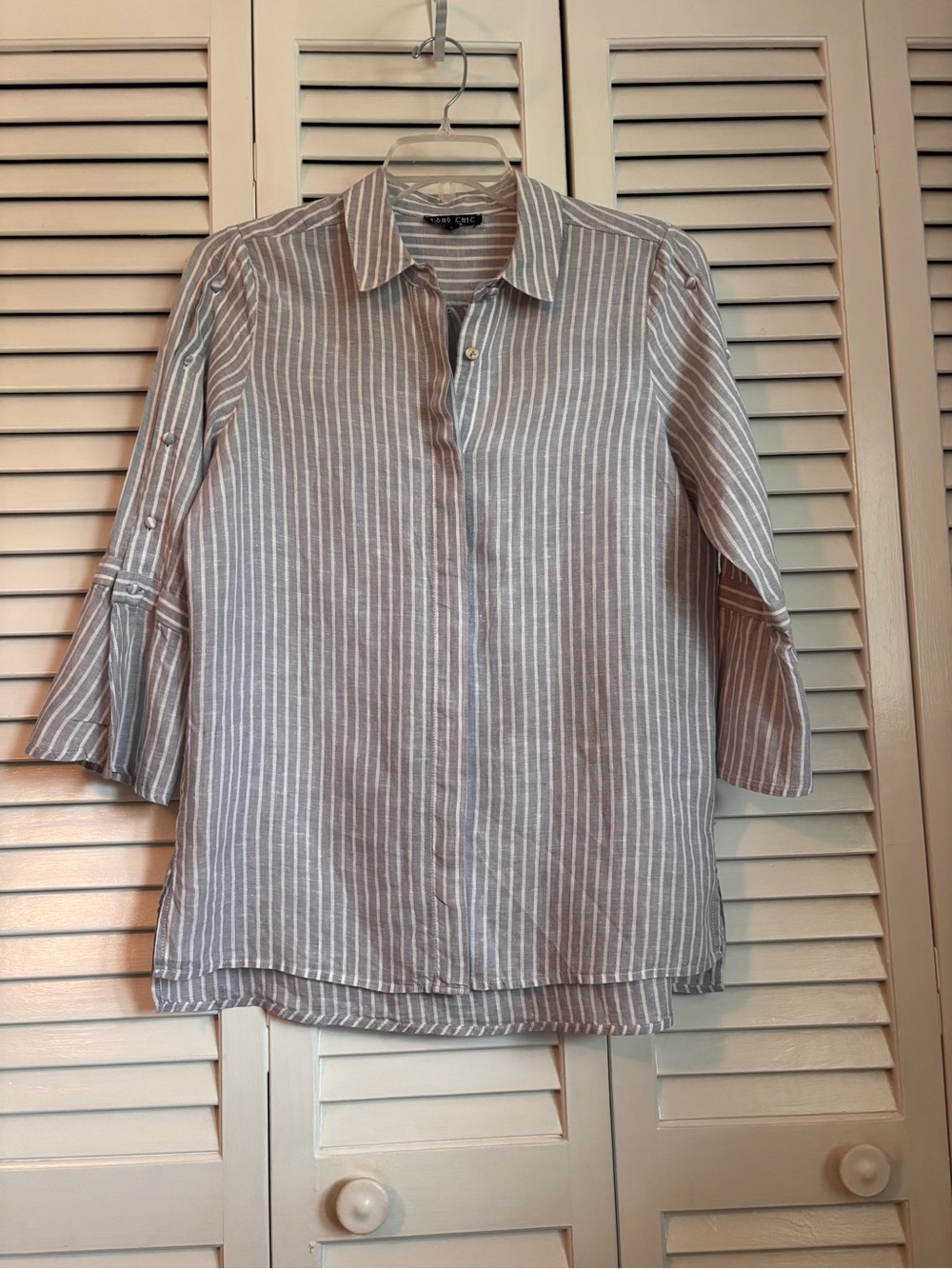 Boho Chic Striped Button-Front Top in Light Gray and White with Flutter Sleeves